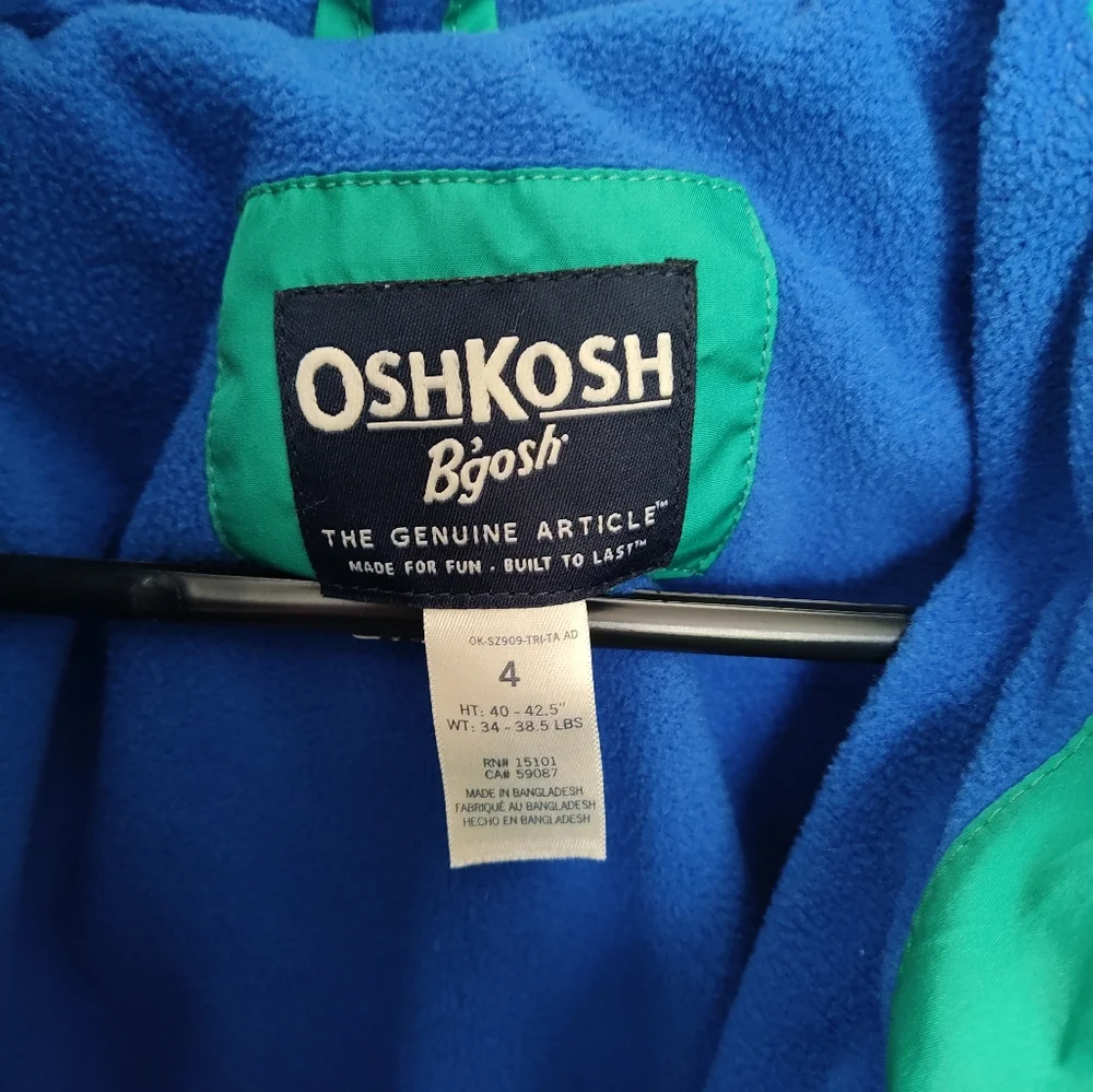 Oshkosh B'gosh Thick Puffy Green Coat Size 4 Hooded Pockets Zipper